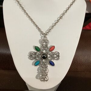 Vintage Jewelry Avon Necklace Cross Pendant Stones Chain Silver Women 1639